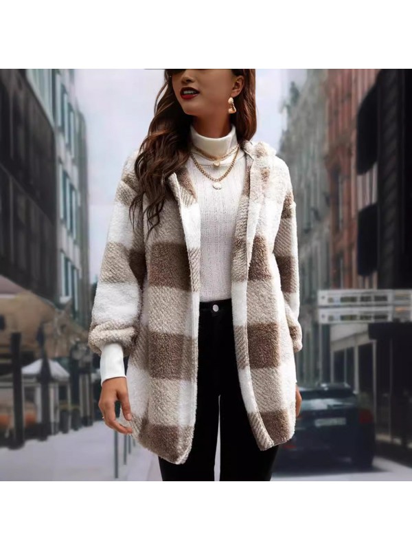 Coat Loose Plaid Color Stitching Knitted Cardigan Sweater