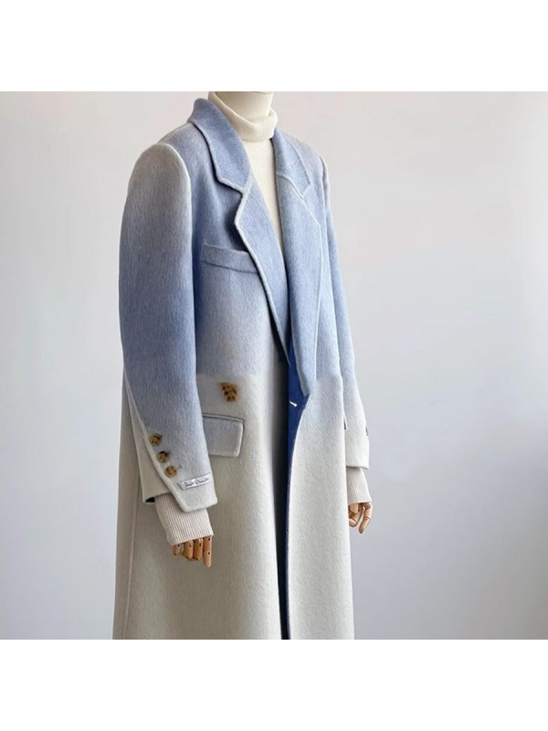 Double-faced Woolen  Shoulder Elegant Blue Gradient White Coat