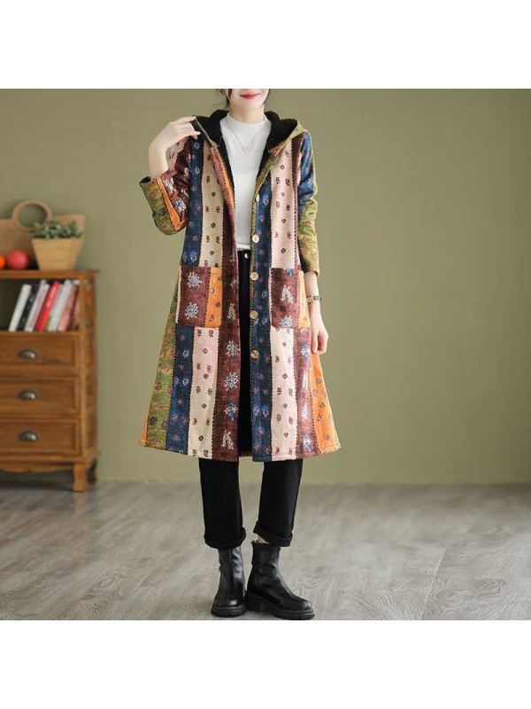 Ethnic Style Fleece-lined Thick Mid-length Trench Coat