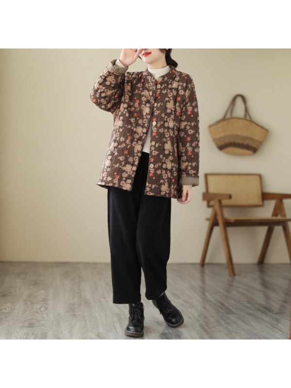 Floral Stand Collar Loose And Warm Coat