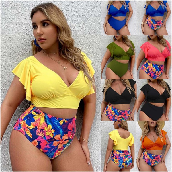 Plus Size Split Bikini Push Up Ruffle Tropical Floral Printed High Waist Swimsuit Women