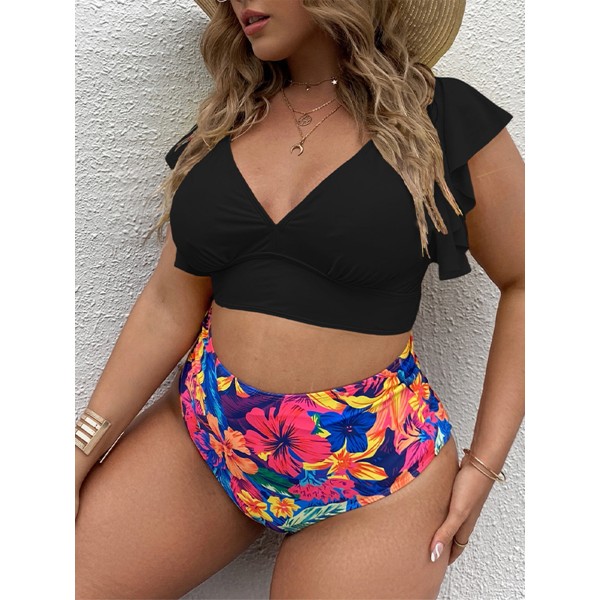 Plus Size Split Bikini Push Up Ruffle Tropical Floral Printed High Waist Swimsuit Women