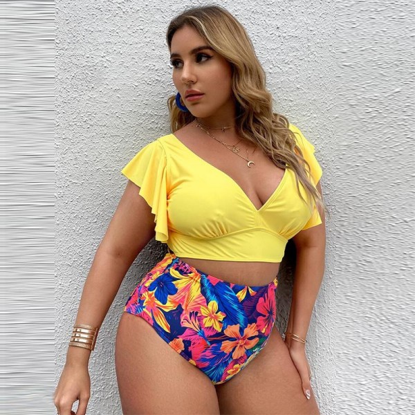 Plus Size Split Bikini Push Up Ruffle Tropical Floral Printed High Waist Swimsuit Women