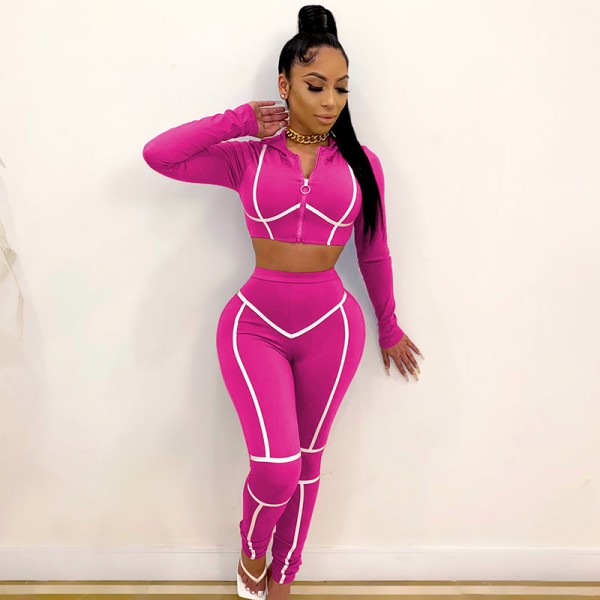 Fashion Athleisure Women'S Sportswear Long Sleeve Zipper Crop Top And Skinny Pants Two-Piece Set