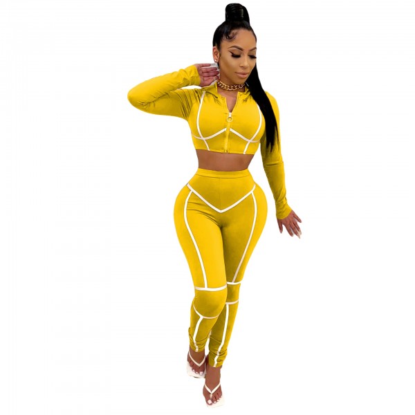 Fashion Athleisure Women'S Sportswear Long Sleeve Zipper Crop Top And Skinny Pants Two-Piece Set