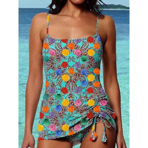 Casual Women Summer Vacation Graphic Printed Drawstring Slim-Fit Beach One-Piece Swimsuit