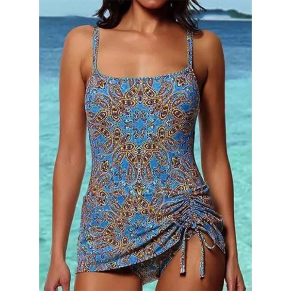 Casual Women Summer Vacation Graphic Printed Drawstring Slim-Fit Beach One-Piece Swimsuit