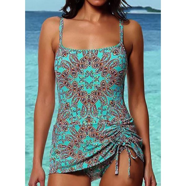 Casual Women Summer Vacation Graphic Printed Drawstring Slim-Fit Beach One-Piece Swimsuit