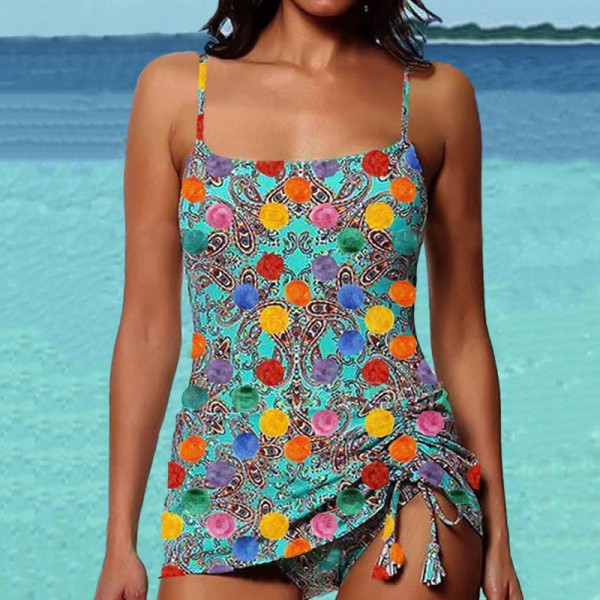 Casual Women Summer Vacation Graphic Printed Drawstring Slim-Fit Beach One-Piece Swimsuit