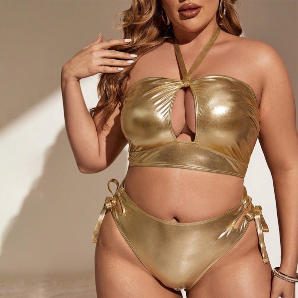 Women Fashion Sexy Plus Size Solid Color Bronzing Halter Neck Swimsuit Set