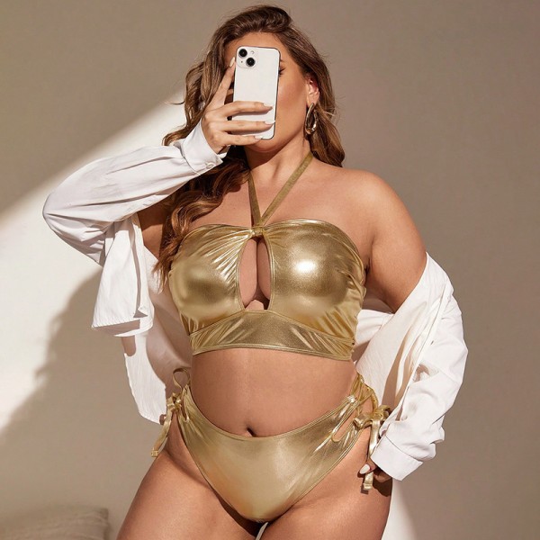 Women Fashion Sexy Plus Size Solid Color Bronzing Halter Neck Swimsuit Set