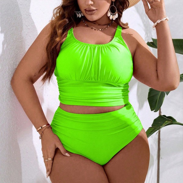 Women Fashionable Solid Color Plus Size Creased Sling High Waist Swimsuit Set