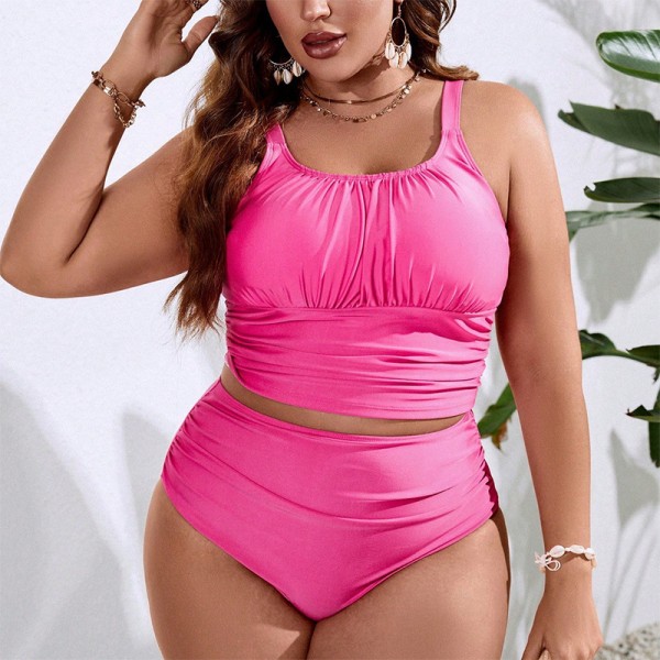 Women Fashionable Solid Color Plus Size Creased Sling High Waist Swimsuit Set