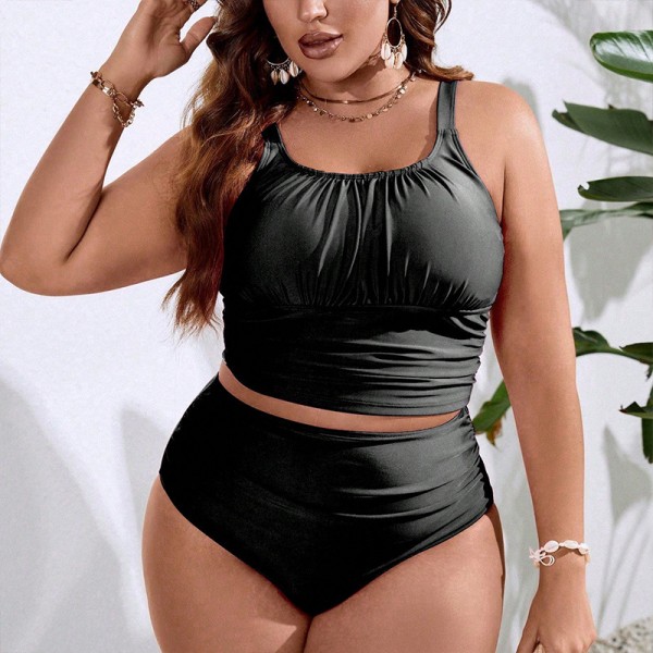 Women Fashionable Solid Color Plus Size Creased Sling High Waist Swimsuit Set