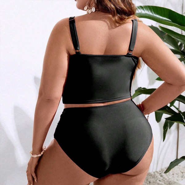 Women Fashionable Solid Color Plus Size Creased Sling High Waist Swimsuit Set