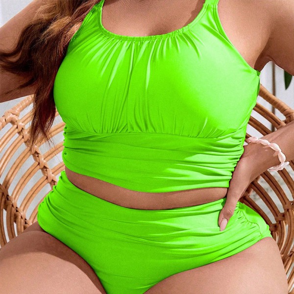 Women Fashionable Solid Color Plus Size Creased Sling High Waist Swimsuit Set