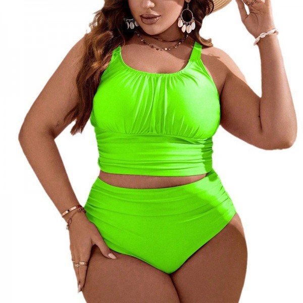 Women Fashionable Solid Color Plus Size Creased Sling High Waist Swimsuit Set