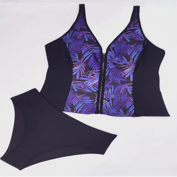 Women Fashion Sexy Plus Size Leaves Printed Zipper Swimsuit Set