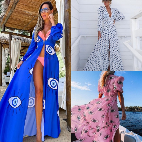 Women Fashion Sexy Evil Eye Printed Loose Bikini Swimwear Long Sleeve Cover-Ups