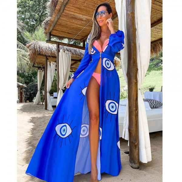 Women Fashion Sexy Evil Eye Printed Loose Bikini Swimwear Long Sleeve Cover-Ups