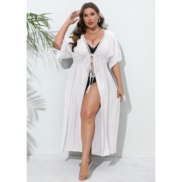 Women Fashion Sexy Plus Size Lace Stitching Sunscreen Cardigan Bikini Swimwear Cover-Ups