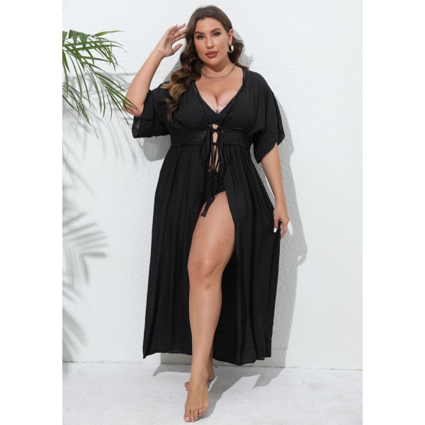 Women Fashion Sexy Plus Size Lace Stitching Sunscreen Cardigan Bikini Swimwear Cover-Ups