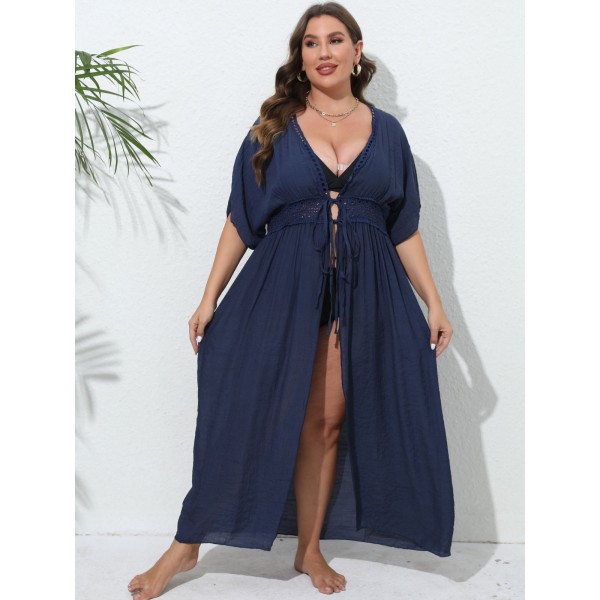 Women Fashion Sexy Plus Size Lace Stitching Sunscreen Cardigan Bikini Swimwear Cover-Ups