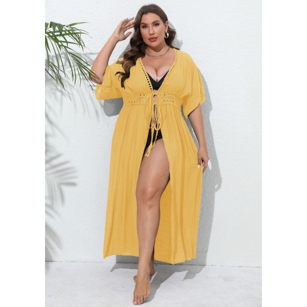 Women Fashion Sexy Plus Size Lace Stitching Sunscreen Cardigan Bikini Swimwear Cover-Ups