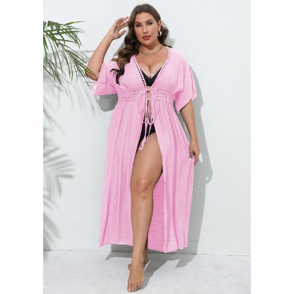 Women Fashion Sexy Plus Size Lace Stitching Sunscreen Cardigan Bikini Swimwear Cover-Ups