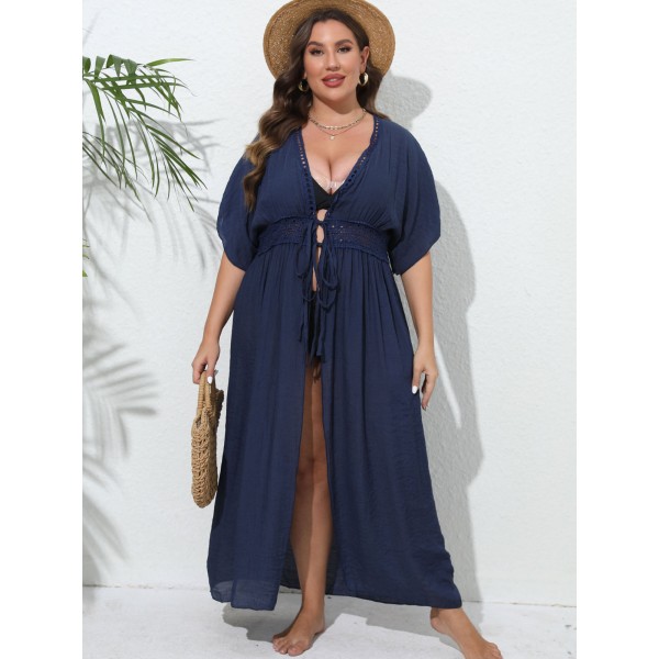 Women Fashion Sexy Plus Size Lace Stitching Sunscreen Cardigan Bikini Swimwear Cover-Ups