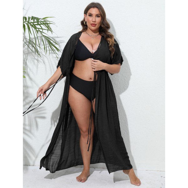 Women Fashion Sexy Plus Size Lace Stitching Sunscreen Cardigan Bikini Swimwear Cover-Ups