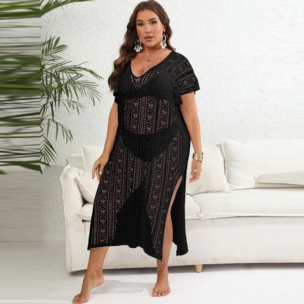 Women Fashion Sexy Plus Size Deep V Knitted Hollow-Out Bikini Cover-Ups