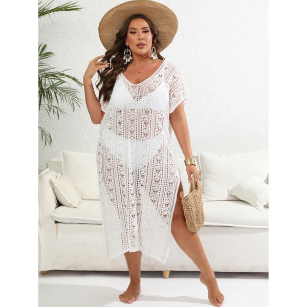 Women Fashion Sexy Plus Size Deep V Knitted Hollow-Out Bikini Cover-Ups