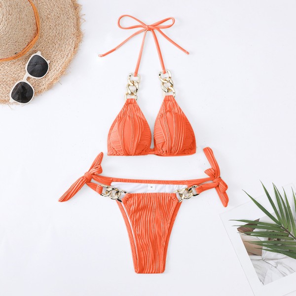 Summer Women Fashion Sexy Chain Halter Neck Bikini Swimsuit Set