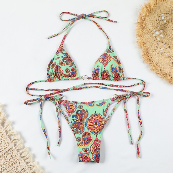 Summer Women Sexy Vacation Beach Floral Print Lace-Up Bikini Set