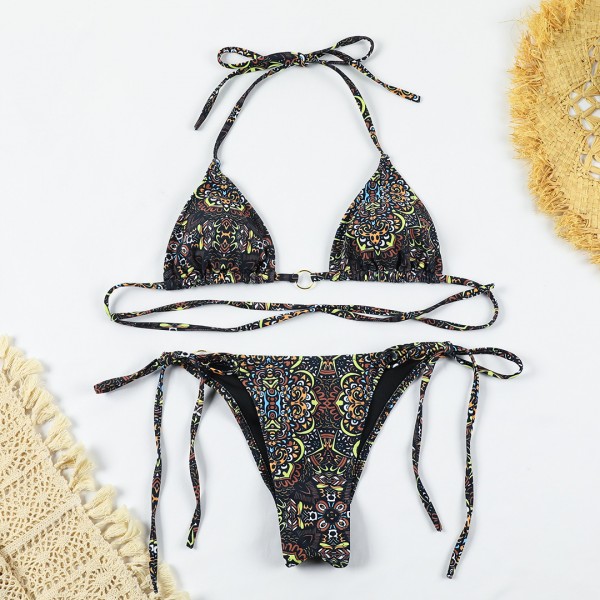 Summer Women Sexy Vacation Beach Floral Print Lace-Up Bikini Set