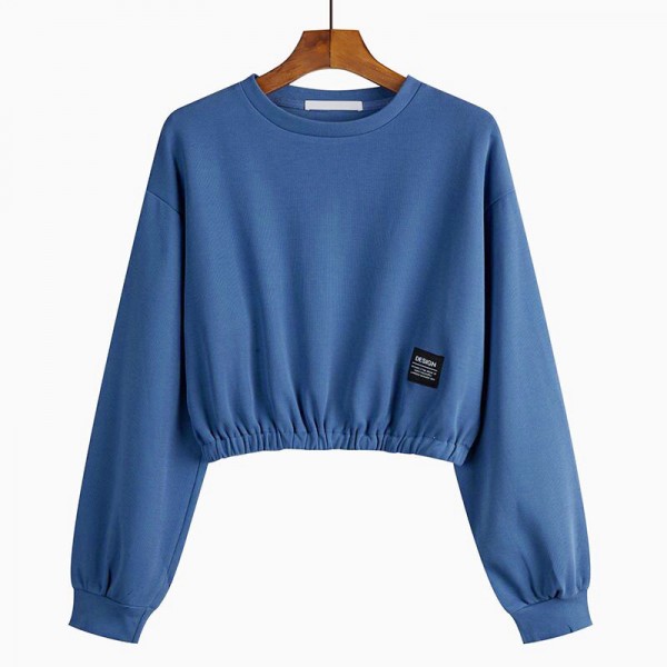 Women Casual Solid Crewneck Short Sweatshirt