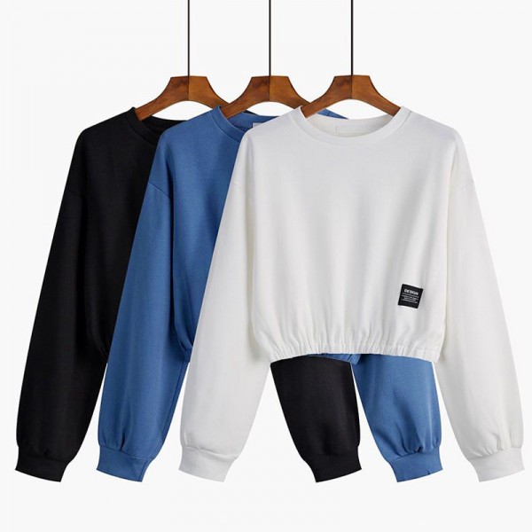 Women Casual Solid Crewneck Short Sweatshirt