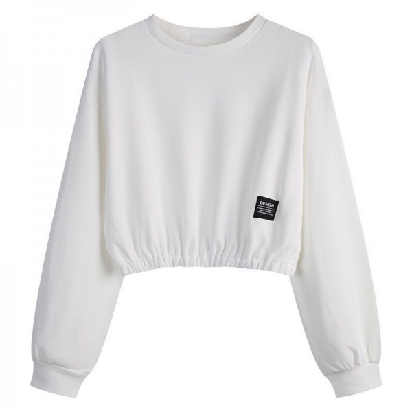 Women Casual Solid Crewneck Short Sweatshirt