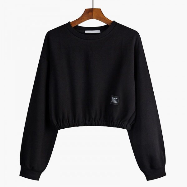 Women Casual Solid Crewneck Short Sweatshirt