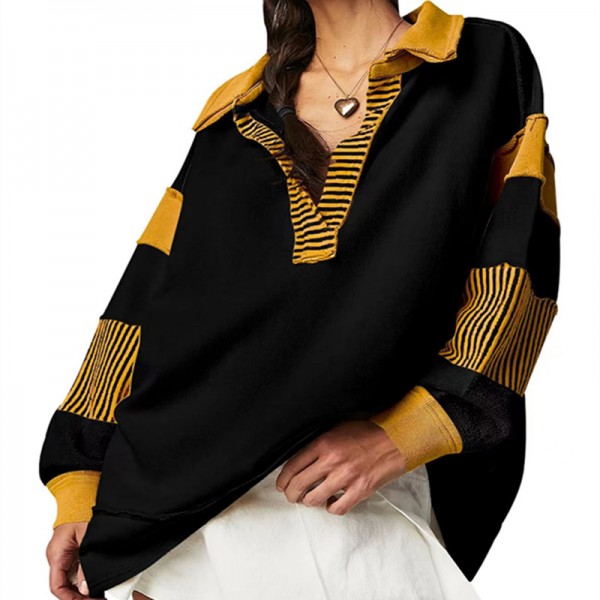 Loose V-Neck Casual Long-Sleeved Pullover Split Stitching Women Stripe V Neck Lapel Sweatshirt