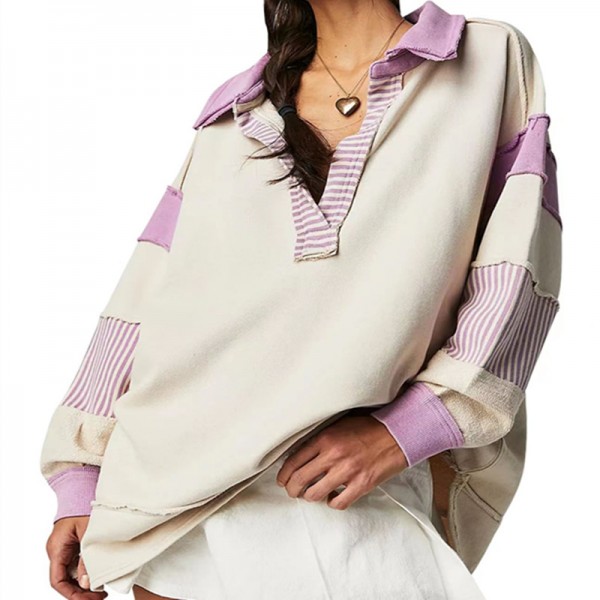 Loose V-Neck Casual Long-Sleeved Pullover Split Stitching Women Stripe V Neck Lapel Sweatshirt