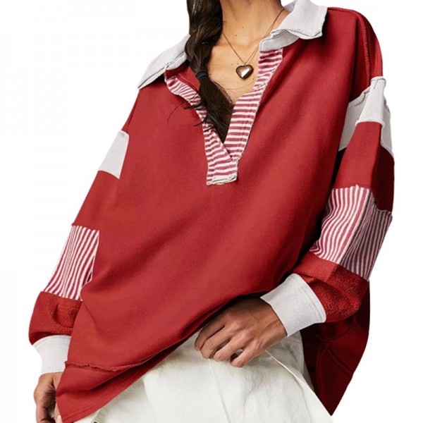 Loose V-Neck Casual Long-Sleeved Pullover Split Stitching Women Stripe V Neck Lapel Sweatshirt