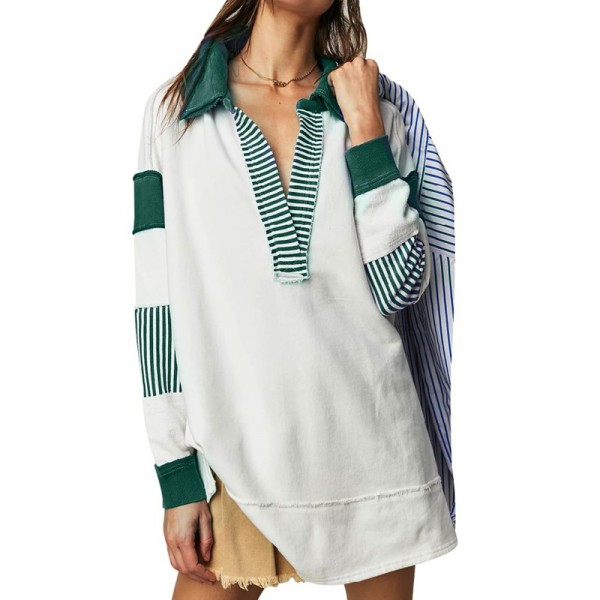 Loose V-Neck Casual Long-Sleeved Pullover Split Stitching Women Stripe V Neck Lapel Sweatshirt