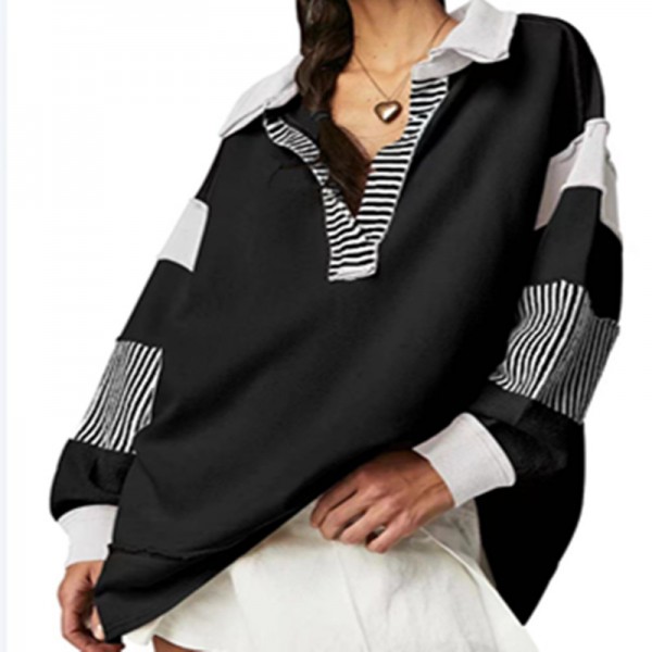 Loose V-Neck Casual Long-Sleeved Pullover Split Stitching Women Stripe V Neck Lapel Sweatshirt