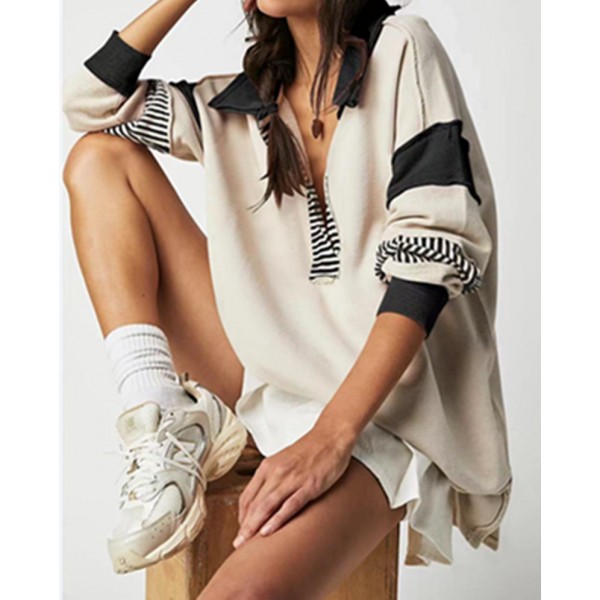 Loose V-Neck Casual Long-Sleeved Pullover Split Stitching Women Stripe V Neck Lapel Sweatshirt