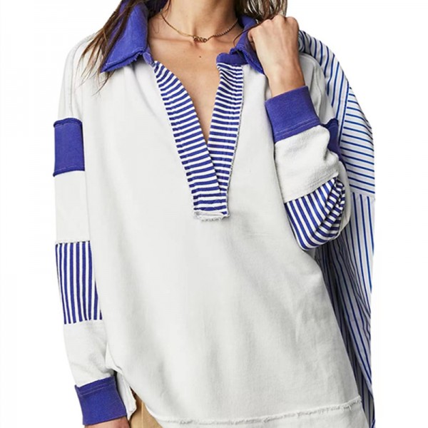 Loose V-Neck Casual Long-Sleeved Pullover Split Stitching Women Stripe V Neck Lapel Sweatshirt