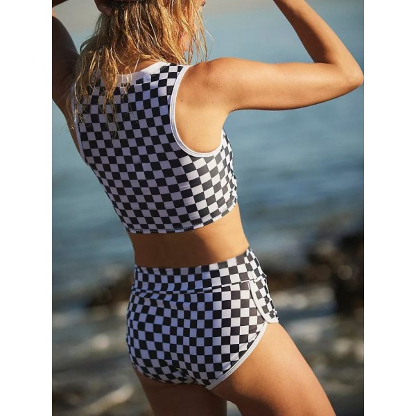 Summer Women Fashion Casual Plaid Printed Swimsuit Set