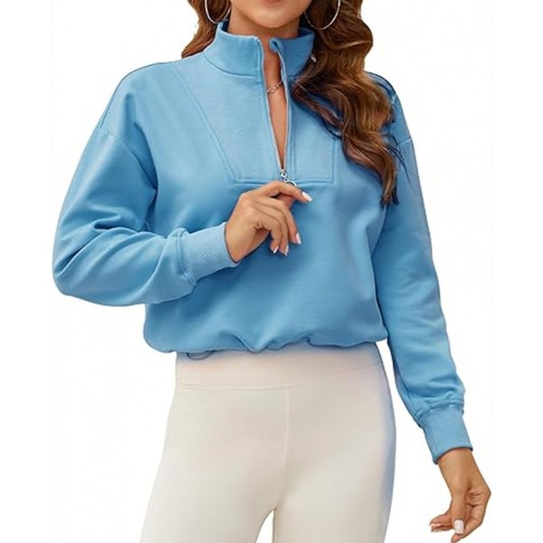 Athleisure Women Casual Solid Color Zip Collar Drawstring Fleece-Lined Sweatshirt