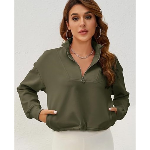 Athleisure Women Casual Solid Color Zip Collar Drawstring Fleece-Lined Sweatshirt